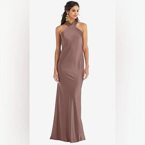 DRAPED TWIST HALTER TIE-BACK TRUMPET GOWN IN SIENNA